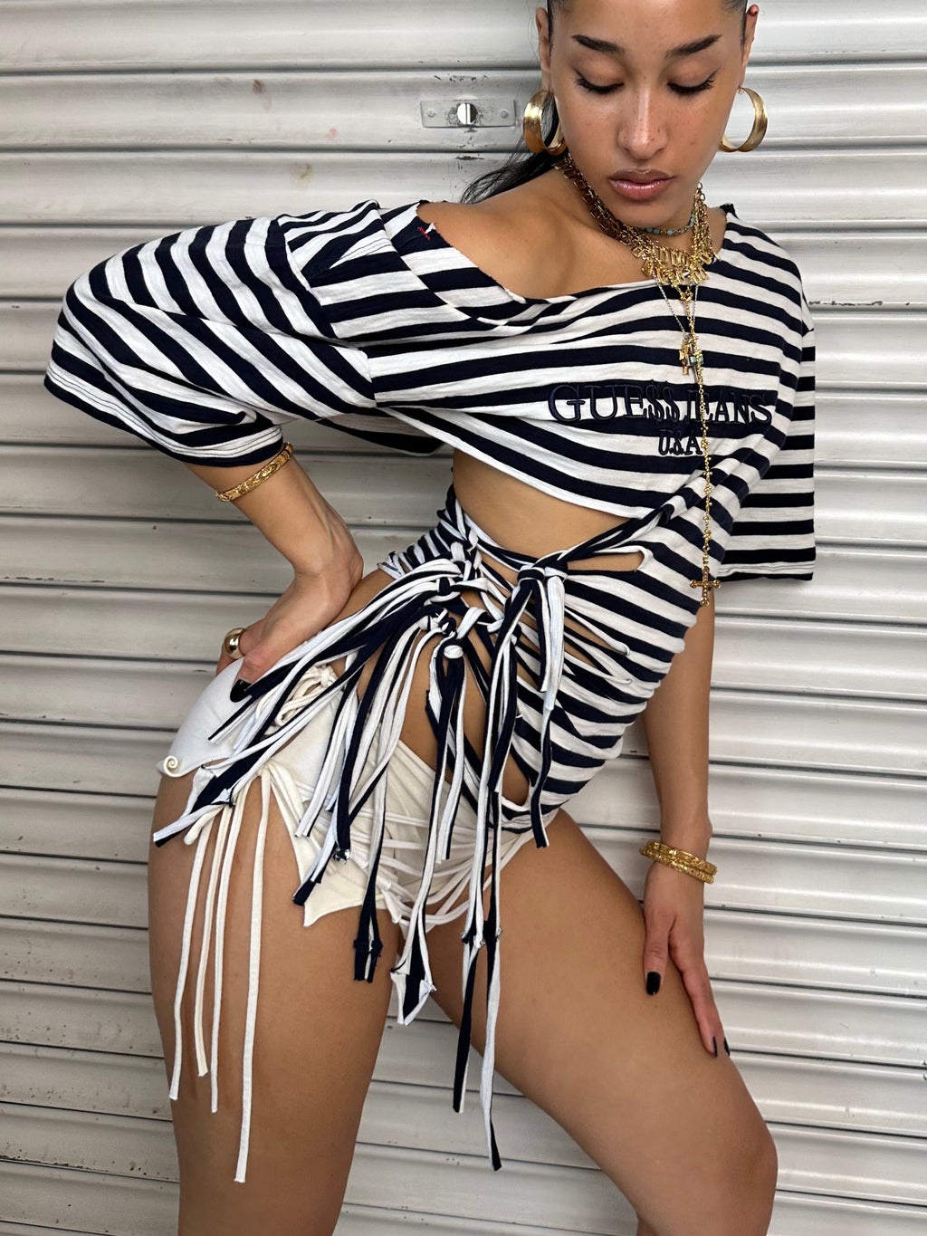 Navy Stripe Fringe Tee (XS)