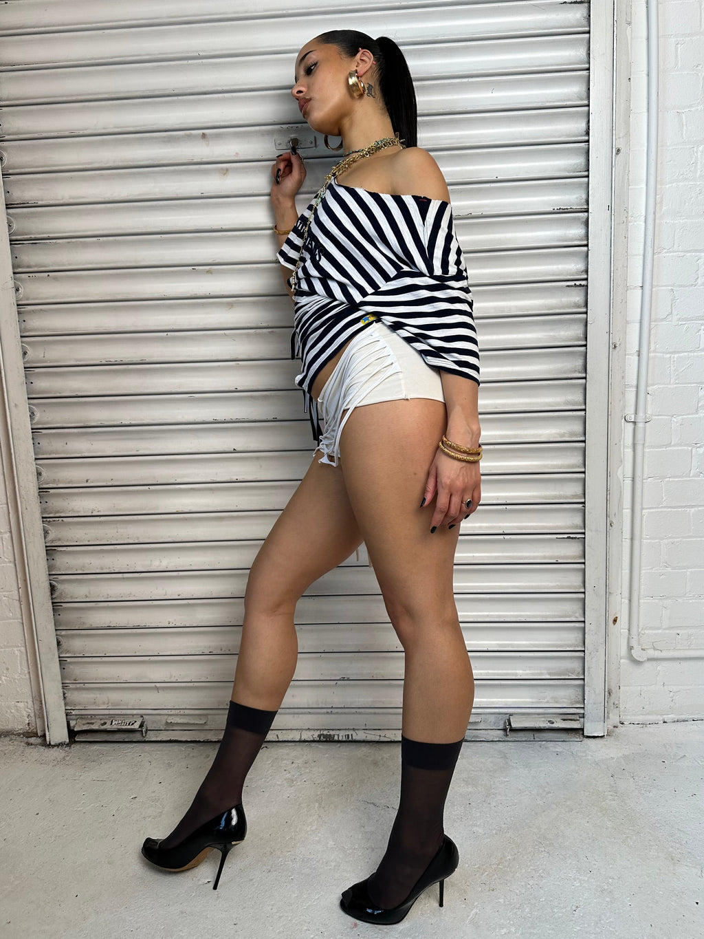 Navy Stripe Fringe Tee (XS)