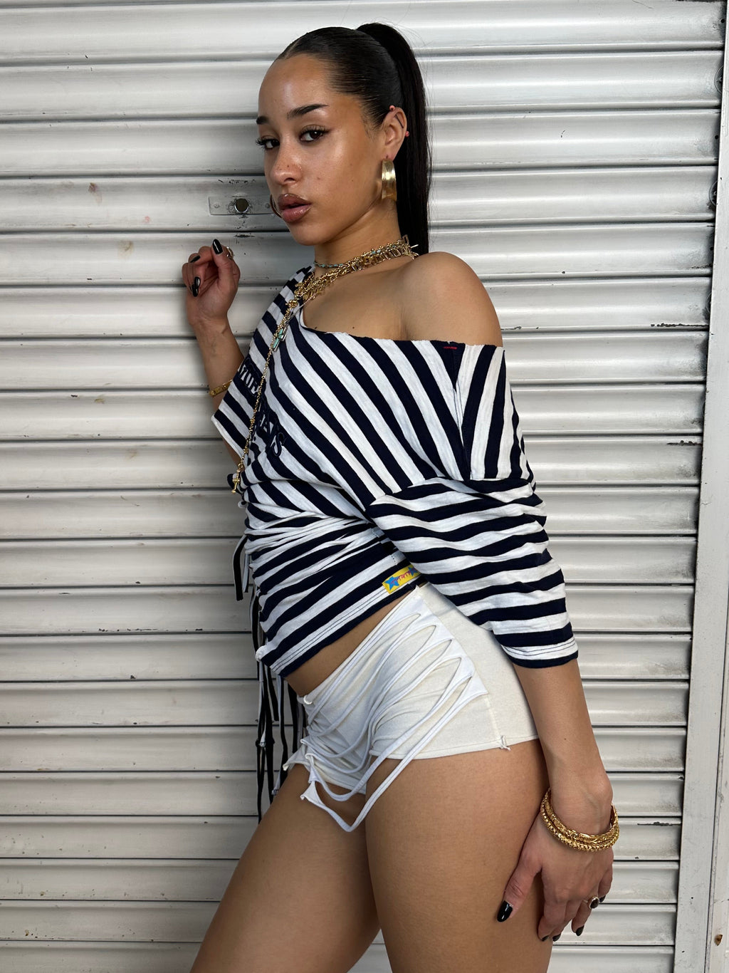 Navy Stripe Fringe Tee (XS)